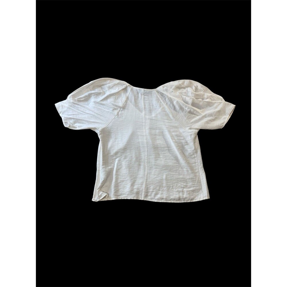 Rachel Roy White V-Neck Blouse L Puff Short Sleeve Slub Rayon Boho Minimalist - Picture 2 of 10